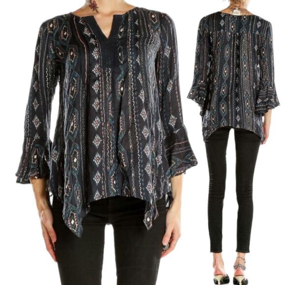 Haute Hippie Gray Black Split Neck Printed Blouse Size L - Picture 1 of 7